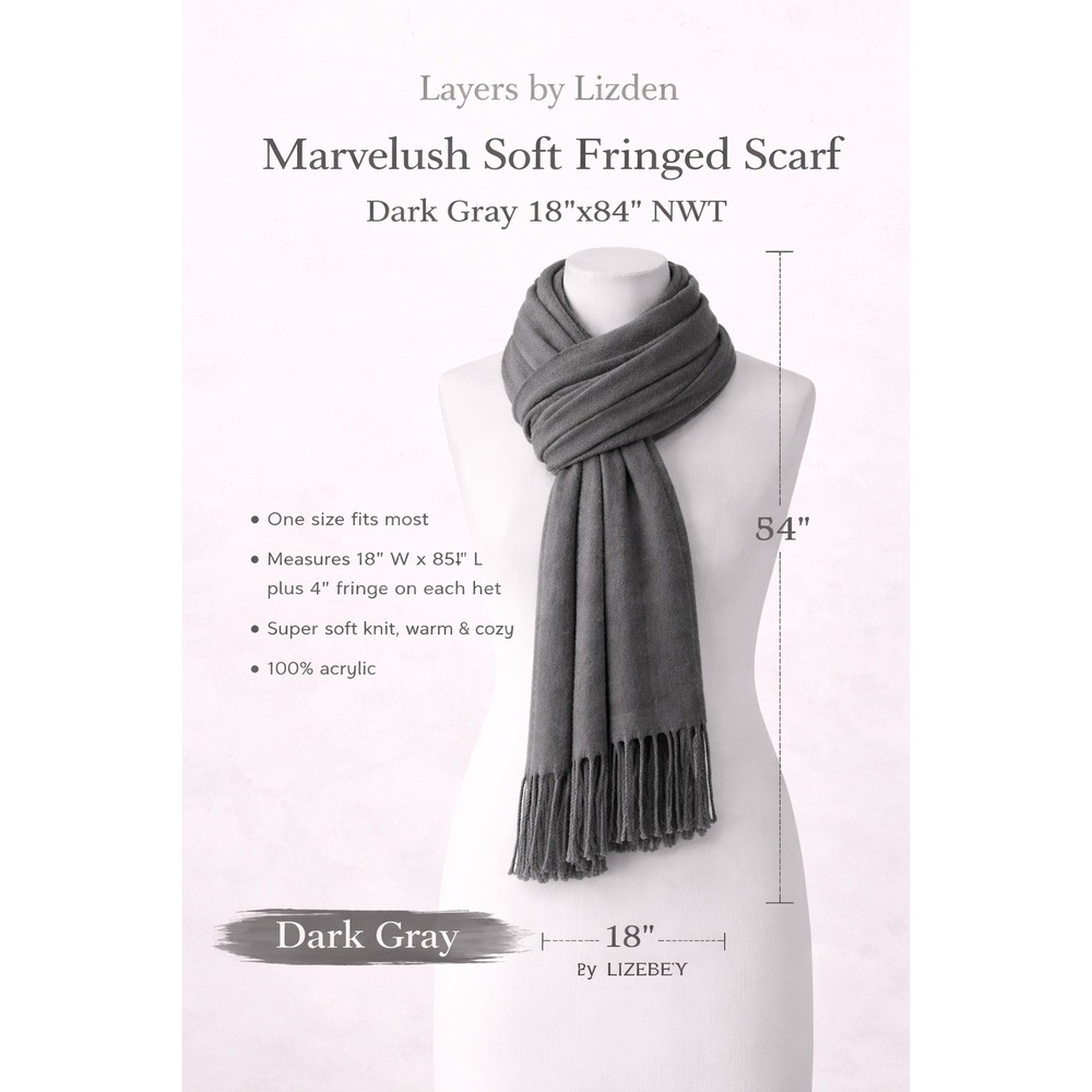 Layers by Lizden Marvelush Soft Fringed Scarf Dark Gray 18x84 Knit Pashmina Wrap